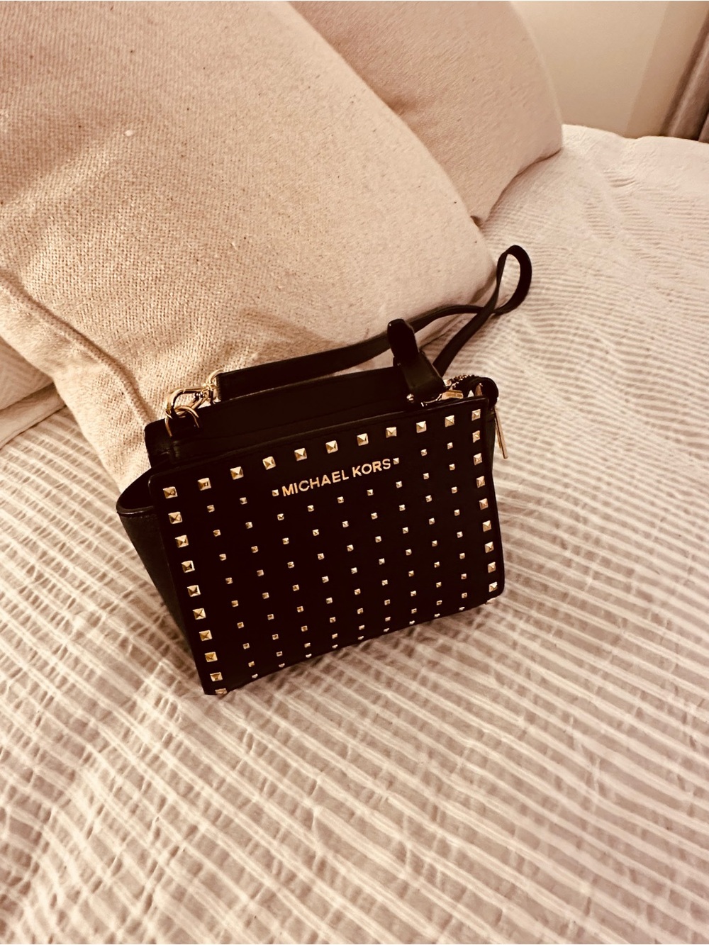 Michael Kors Black Studded Crossbody with Gold Hardware
